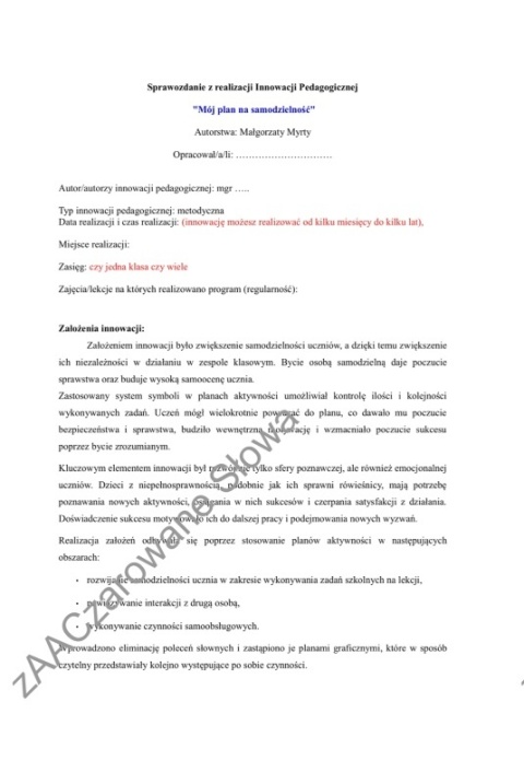 Innowacja pedagogiczna "Mój plan na samodzielność"